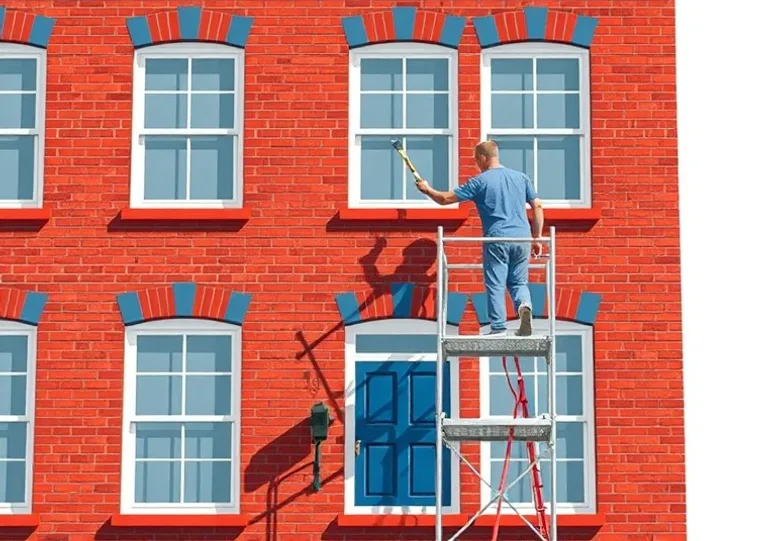 Peintre sur échafaudage traitant la façade d'une maison