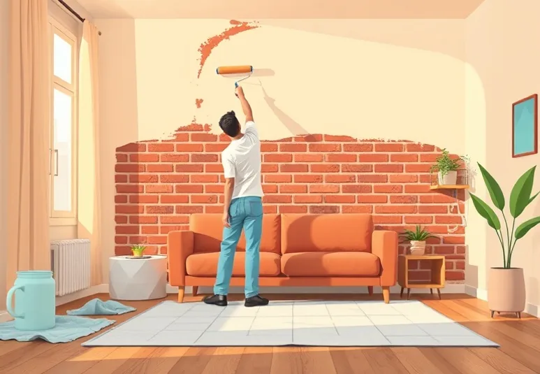Peintre appliquant la peinture au rouleau sur un mur de salon